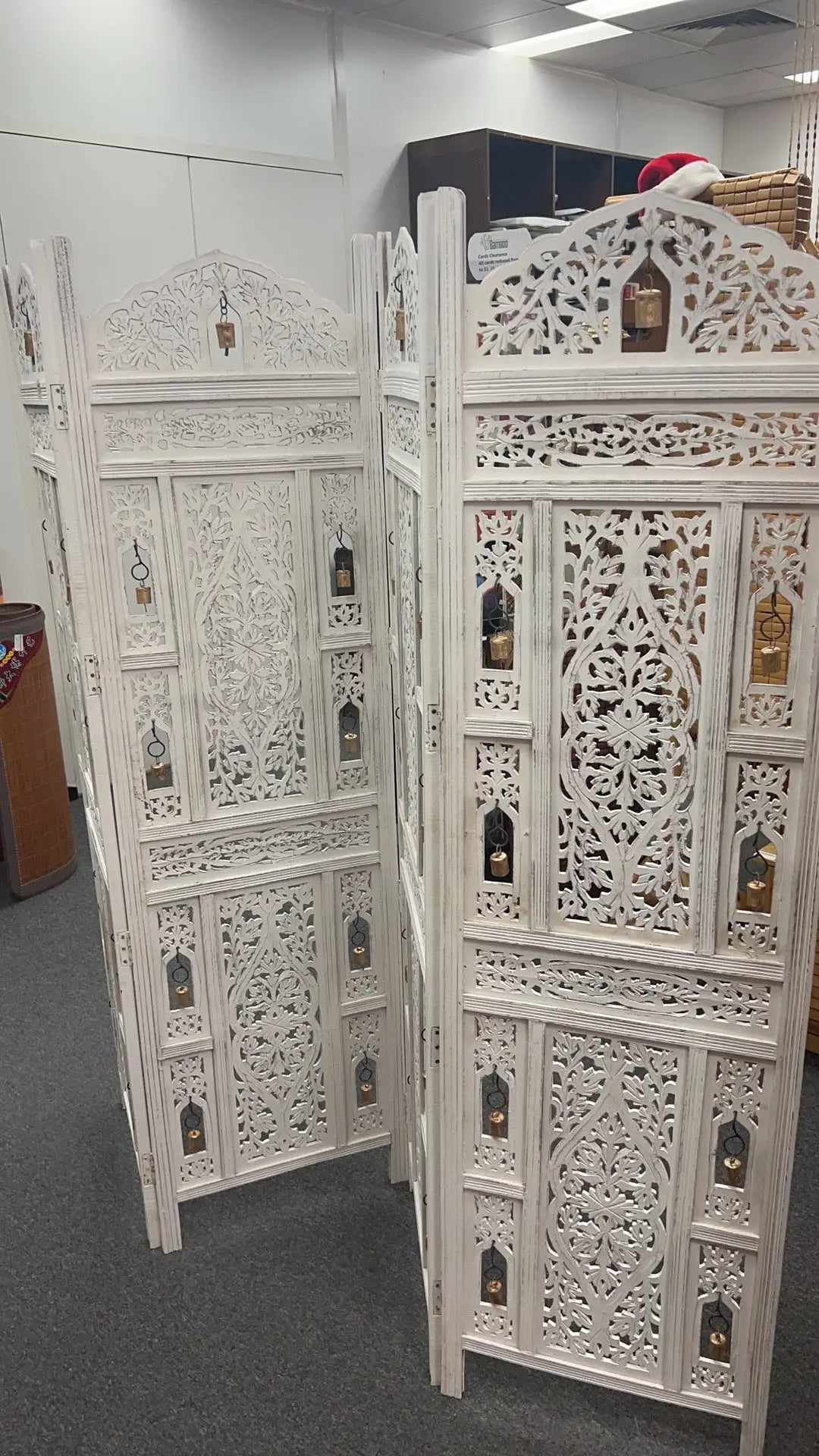 4 Panel Folding Screen Hardwood Hand-Carved With Bells Privacy Screen Room Divider White Washed BRD06 everythingbamboo