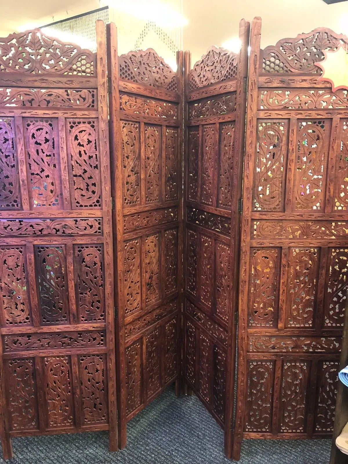 4 Panel Folding Screen Luxury Hardwood Hand-Carved Privacy Screen Room Divider everythingbamboo