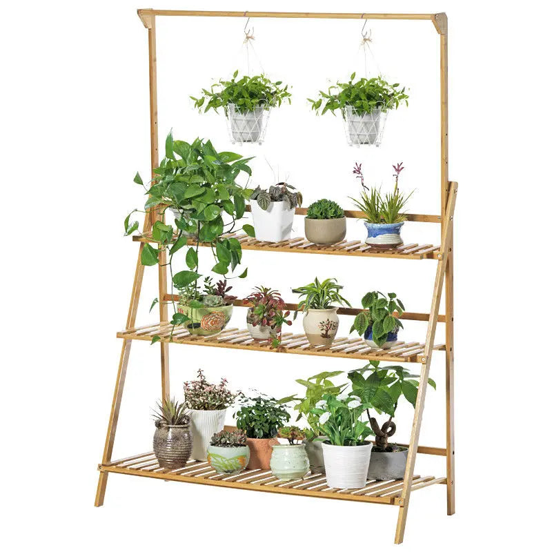 BAMBOO SHELF FOLDING 3 TIER LADDER BOOK PLANT STAND WITH HANGING BAR MULTI USE Unbranded