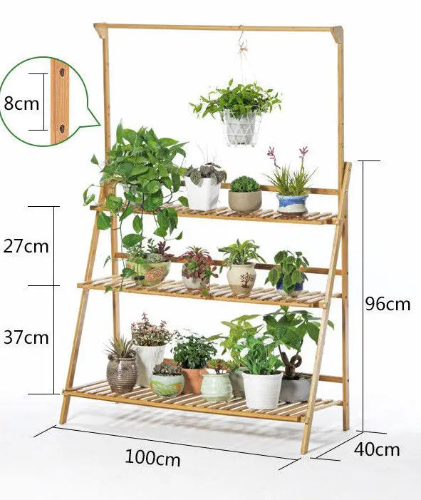 BAMBOO SHELF FOLDING 3 TIER LADDER BOOK PLANT STAND WITH HANGING BAR MULTI USE Unbranded