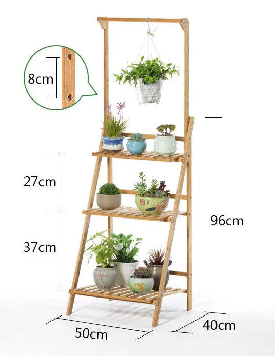 BAMBOO SHELF FOLDING 3 TIER LADDER BOOK PLANT STAND WITH HANGING BAR MULTI USE Unbranded