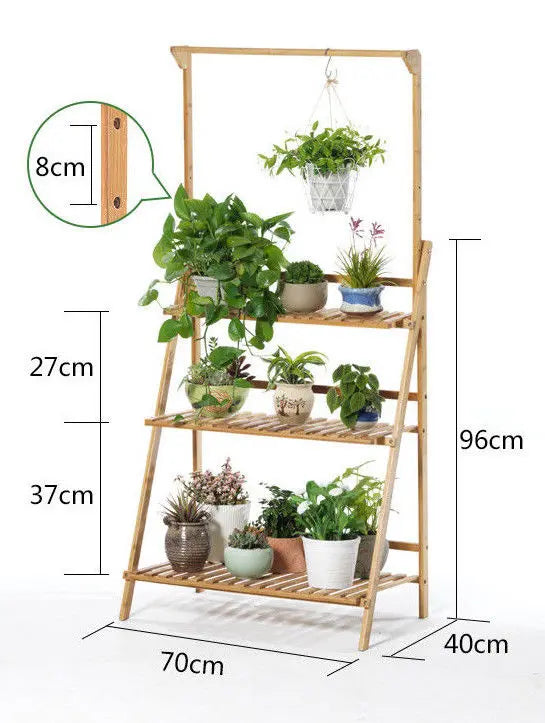 BAMBOO SHELF FOLDING 3 TIER LADDER BOOK PLANT STAND WITH HANGING BAR MULTI USE Unbranded