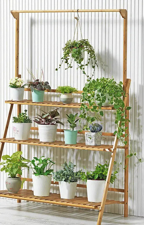 BAMBOO SHELF FOLDING 3 TIER LADDER BOOK PLANT STAND WITH HANGING BAR MULTI USE Unbranded
