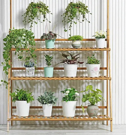 BAMBOO SHELF FOLDING 3 TIER LADDER BOOK PLANT STAND WITH HANGING BAR MULTI USE Unbranded