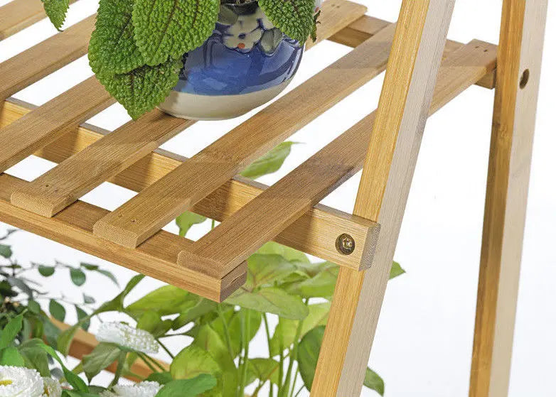 BAMBOO SHELF FOLDING 3 TIER LADDER BOOK PLANT STAND WITH HANGING BAR MULTI USE Unbranded