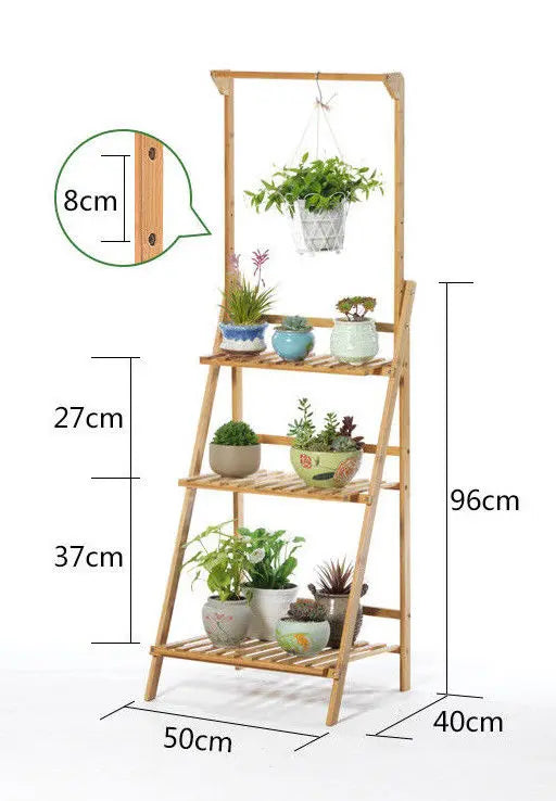BAMBOO SHELF FOLDING 3 TIER LADDER BOOK PLANT STAND WITH HANGING BAR MULTI USE Unbranded