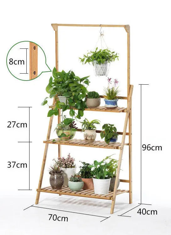 BAMBOO SHELF FOLDING 3 TIER LADDER BOOK PLANT STAND WITH HANGING BAR MULTI USE Unbranded