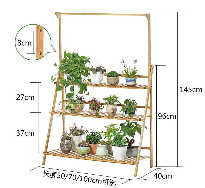 BAMBOO SHELF FOLDING 3 TIER LADDER BOOK PLANT STAND WITH HANGING BAR MULTI USE Unbranded