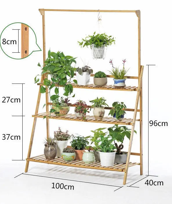 BAMBOO SHELF FOLDING 3 TIER LADDER BOOK PLANT STAND WITH HANGING BAR MULTI USE Unbranded