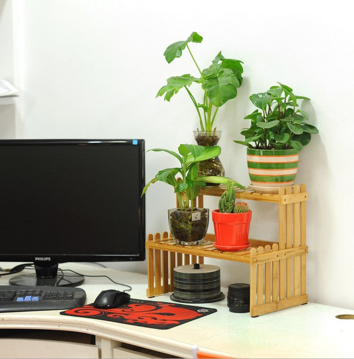 BAMBOO WOODEN 2-TIER DESK SHELF LADDER PLANT SHELF MULTIPLE USE STRONG ELEGANT everythingbamboo