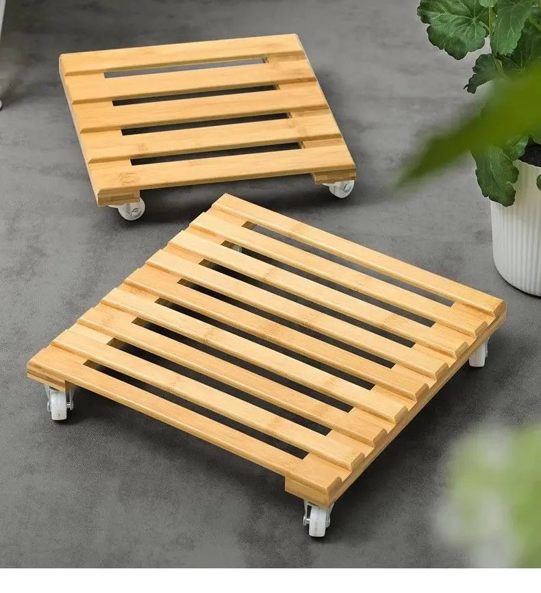 BAMBOO WOODEN PLANT STAND WITH WHEEL BASE EASY MOVE MULTI USE INDOOR OUTDOOR everythingbamboo