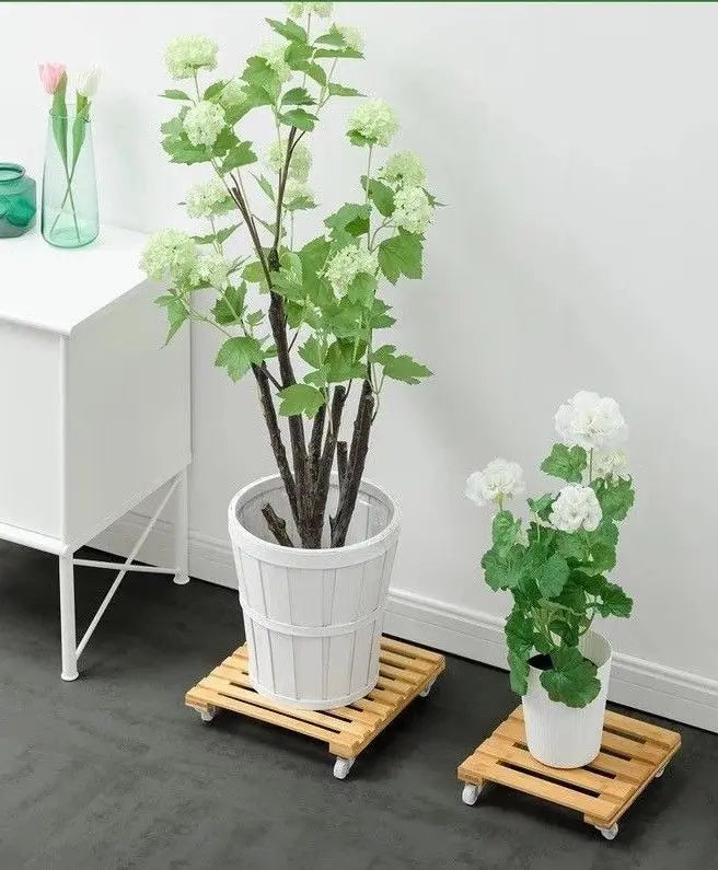 BAMBOO WOODEN PLANT STAND WITH WHEEL BASE EASY MOVE MULTI USE INDOOR OUTDOOR everythingbamboo