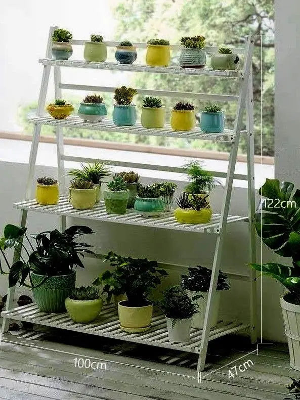 BAMBOO WOODEN SHELF PLANT STAND FOLDING MULTI TIER LADDER INDOOR OUTDOOR WHITE everythingbamboo