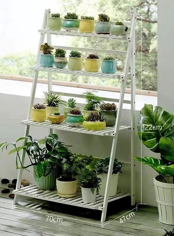 BAMBOO WOODEN SHELF PLANT STAND FOLDING MULTI TIER LADDER INDOOR OUTDOOR WHITE everythingbamboo