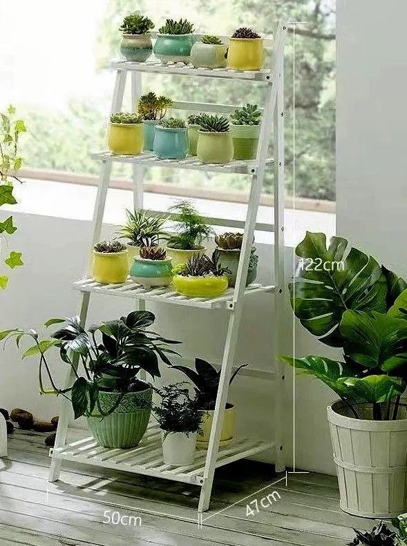BAMBOO WOODEN SHELF PLANT STAND FOLDING MULTI TIER LADDER INDOOR OUTDOOR WHITE everythingbamboo