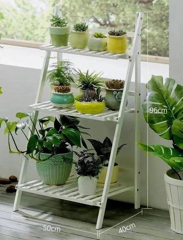 BAMBOO WOODEN SHELF PLANT STAND FOLDING MULTI TIER LADDER INDOOR OUTDOOR WHITE everythingbamboo