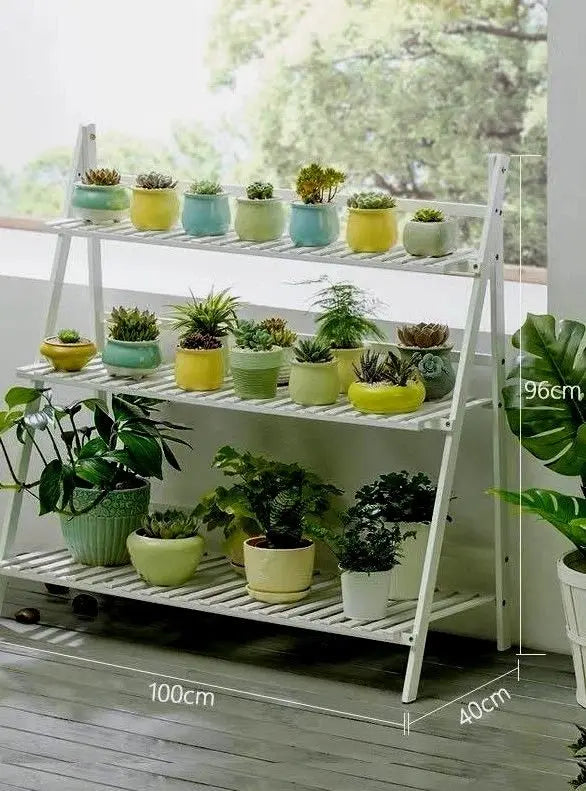 BAMBOO WOODEN SHELF PLANT STAND FOLDING MULTI TIER LADDER INDOOR OUTDOOR WHITE everythingbamboo