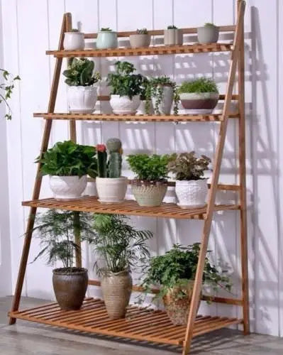 BAMBOO WOODEN SHELF PLANT STAND FOLDING MULTI TIER LADDER STORAGE INDOOR OUTDOOR Unbranded