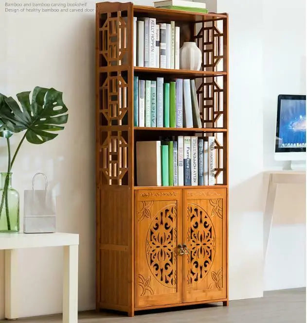 Bamboo Book Shelf With Carved Door Book Case Cabinet Antique Style Storage everythingbamboo