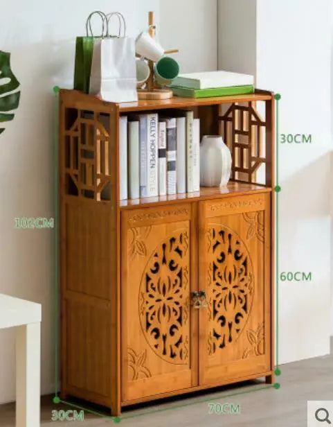 Bamboo Book Shelf With Carved Door Book Case Cabinet Antique Style Storage everythingbamboo