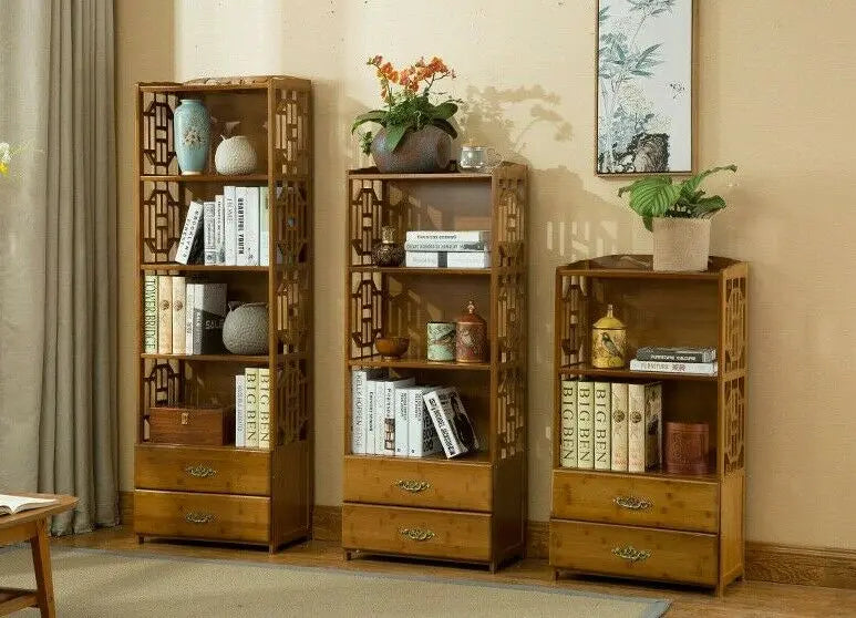 Bamboo Book Shelf With Drawers Book Case Cabinet Antique Style Storage everythingbamboo
