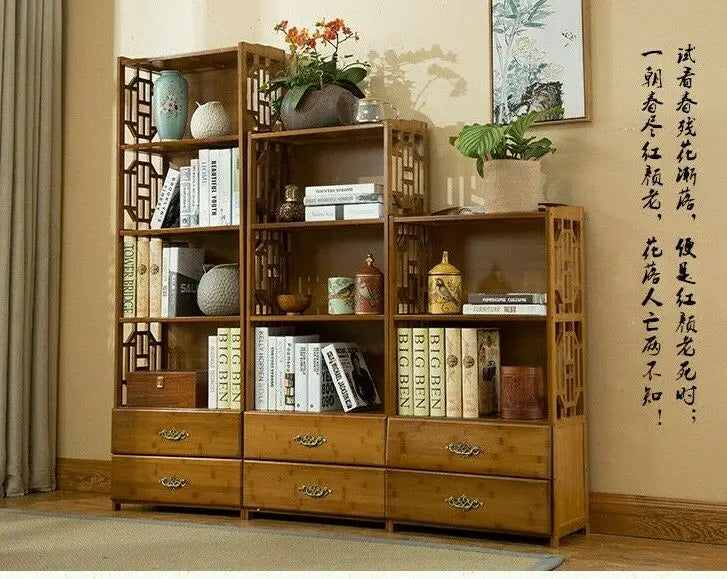 Bamboo Book Shelf With Drawers Book Case Cabinet Antique Style Storage everythingbamboo