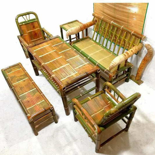 Bamboo Handcrafted Coffee Dining Table Chairs Set Furniture Relaxing 6 PCs Set everythingbamboo