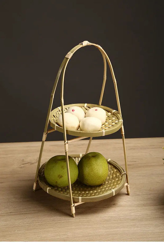 Bamboo Natural Handwoven 2 Tiers Dessert High Tea Stand Plate Rack everythingbamboo