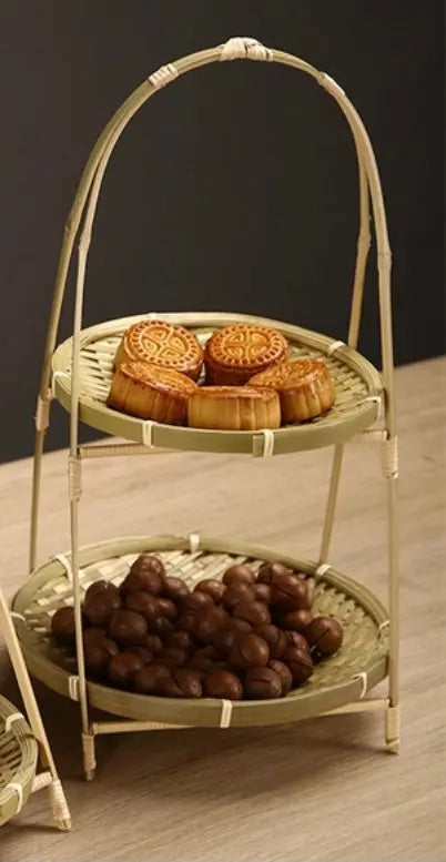 Bamboo Natural Handwoven 2 Tiers Dessert High Tea Stand Plate Rack everythingbamboo