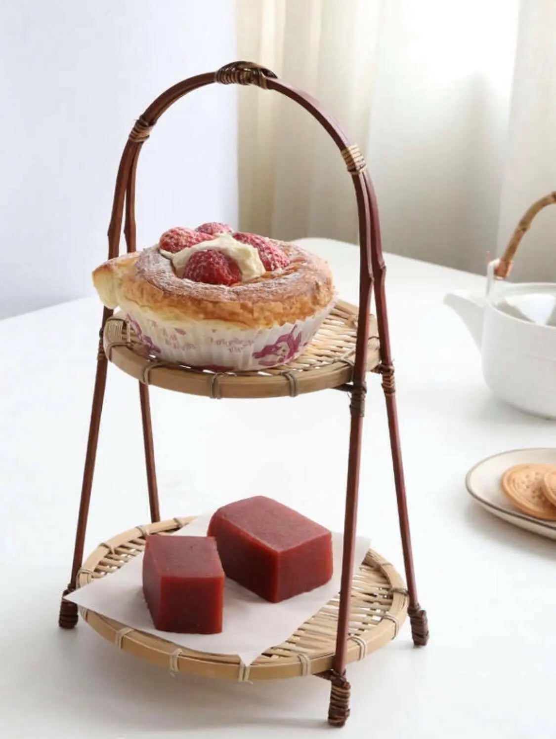Bamboo Natural Handwoven 2 Tiers Dessert High Tea Stand Plate Rack everythingbamboo
