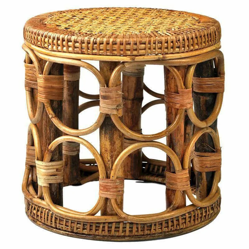 Bamboo Rattan Stool Handwoven Handmade Vintage Stool Ottoman Plant Stand Artwork Home Decor