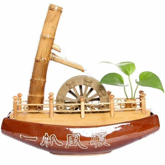 Bamboo Water Fountain Handmade Handcrafted Boat Water Feature Spinning Wheels everythingbamboo