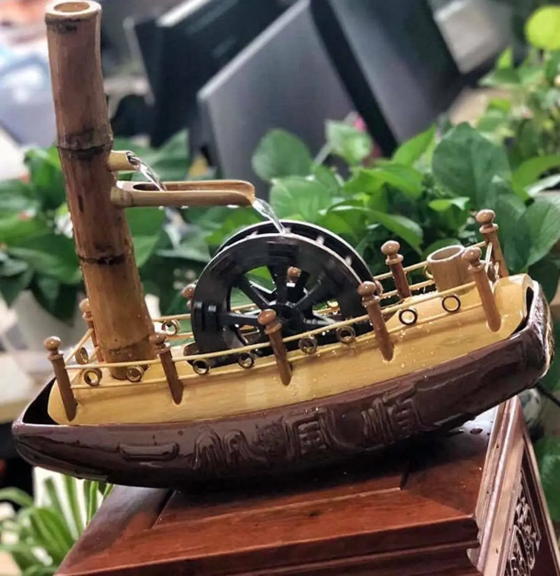 Bamboo Water Fountain Handmade Handcrafted Boat Water Feature Spinning Wheels everythingbamboo