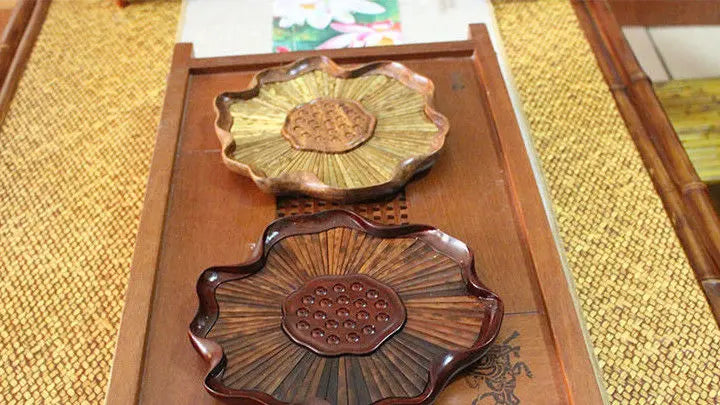 Natural bamboo carving crafts lotus pattern tea cup tray coffee tray 天然竹雕工艺品茶托 "Handmade"