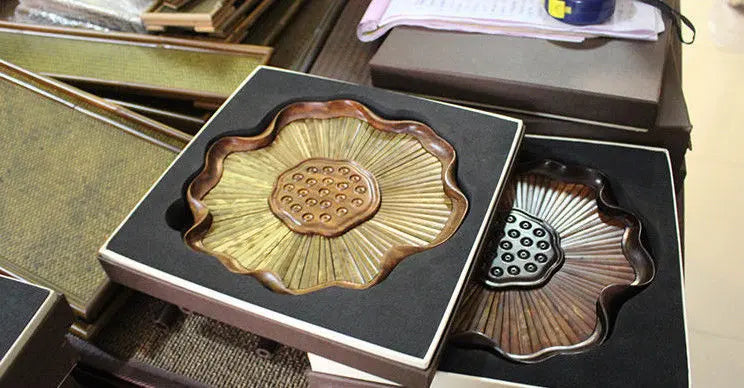 Natural bamboo carving crafts lotus pattern tea cup tray coffee tray 天然竹雕工艺品茶托 "Handmade"