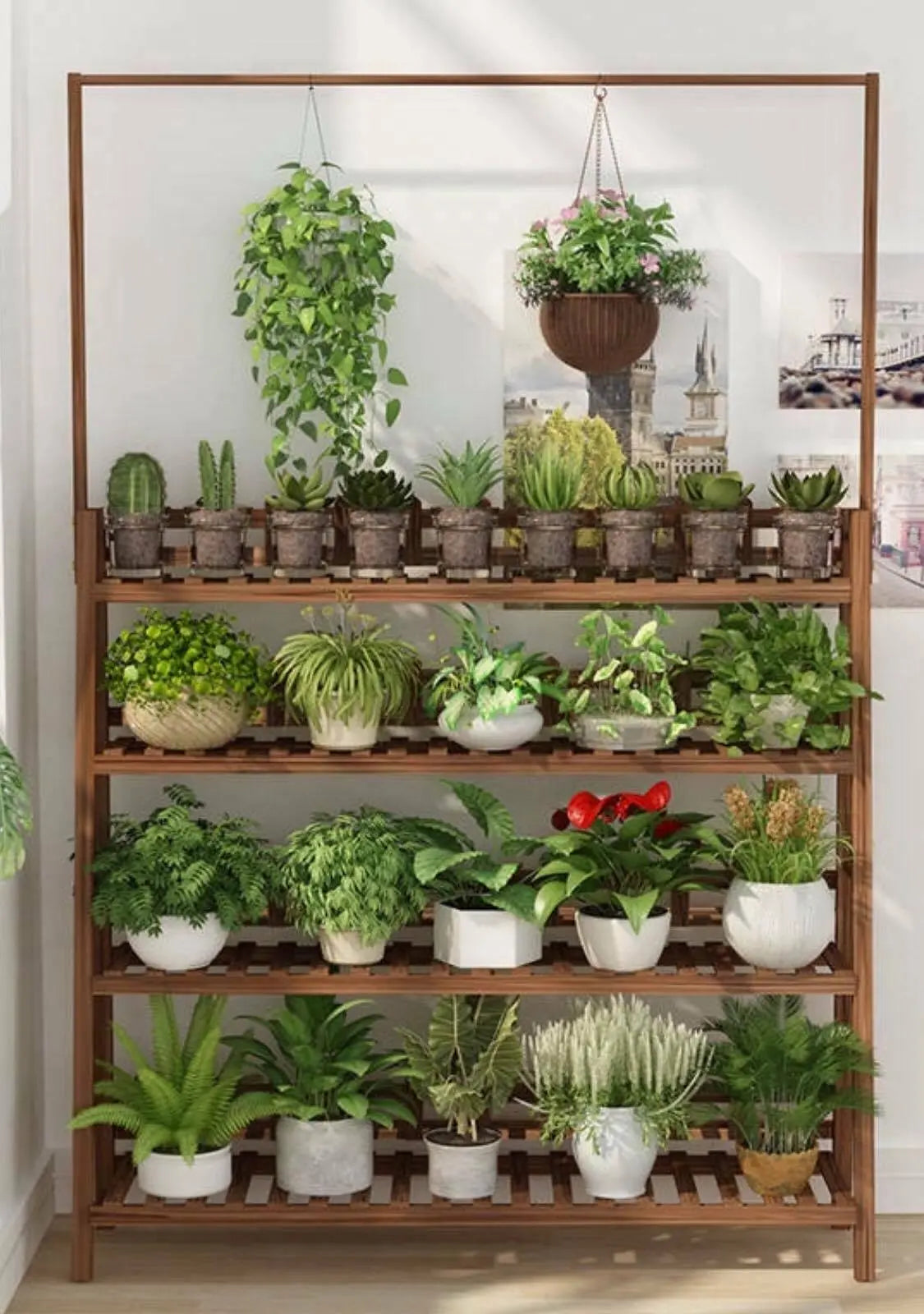 Plant Stand Shelf With Hanging Bar Pinewood Solid Garden Decor Indoor Outdoor everythingbamboo