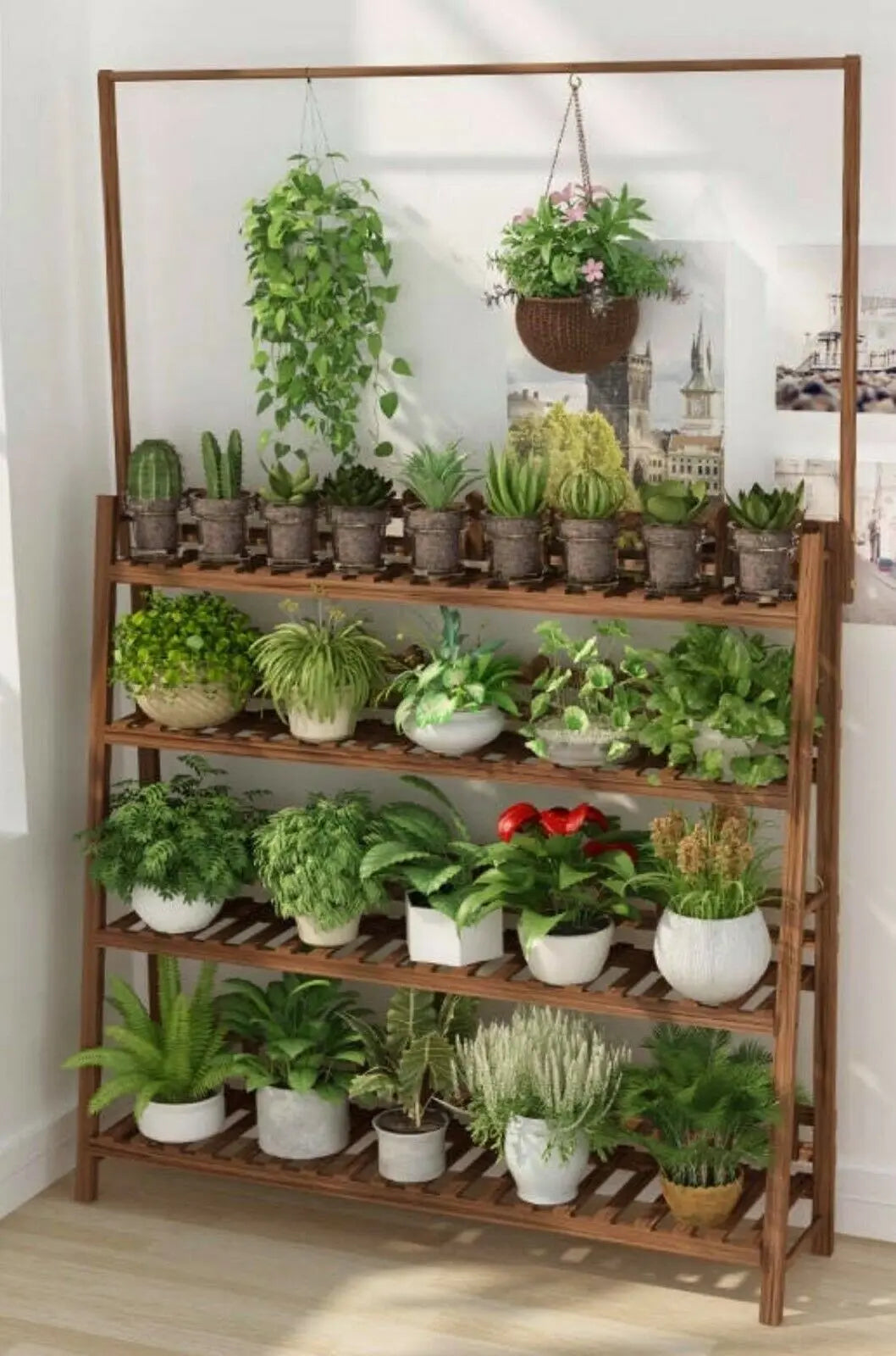 Plant Stand Shelf With Hanging Bar Pinewood Solid Garden Decor Indoor Outdoor everythingbamboo