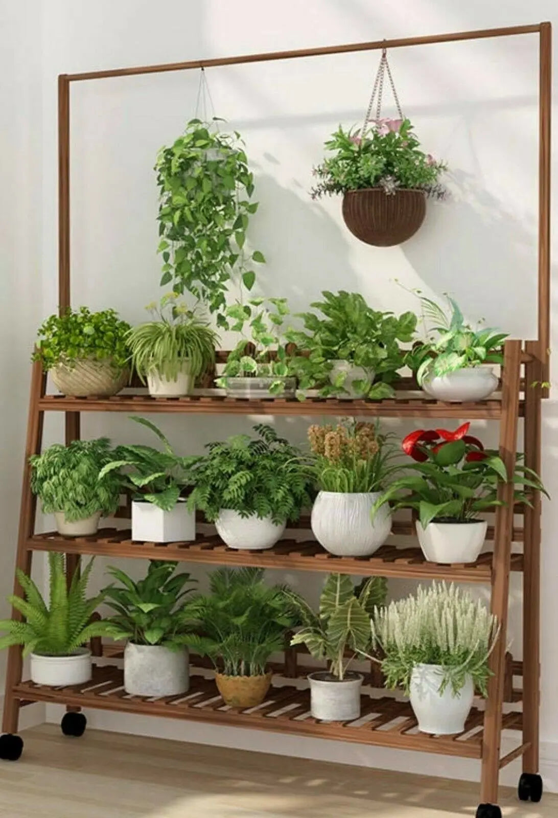 Plant Stand Shelf With Hanging Bar Pinewood Solid Garden Decor Indoor Outdoor everythingbamboo