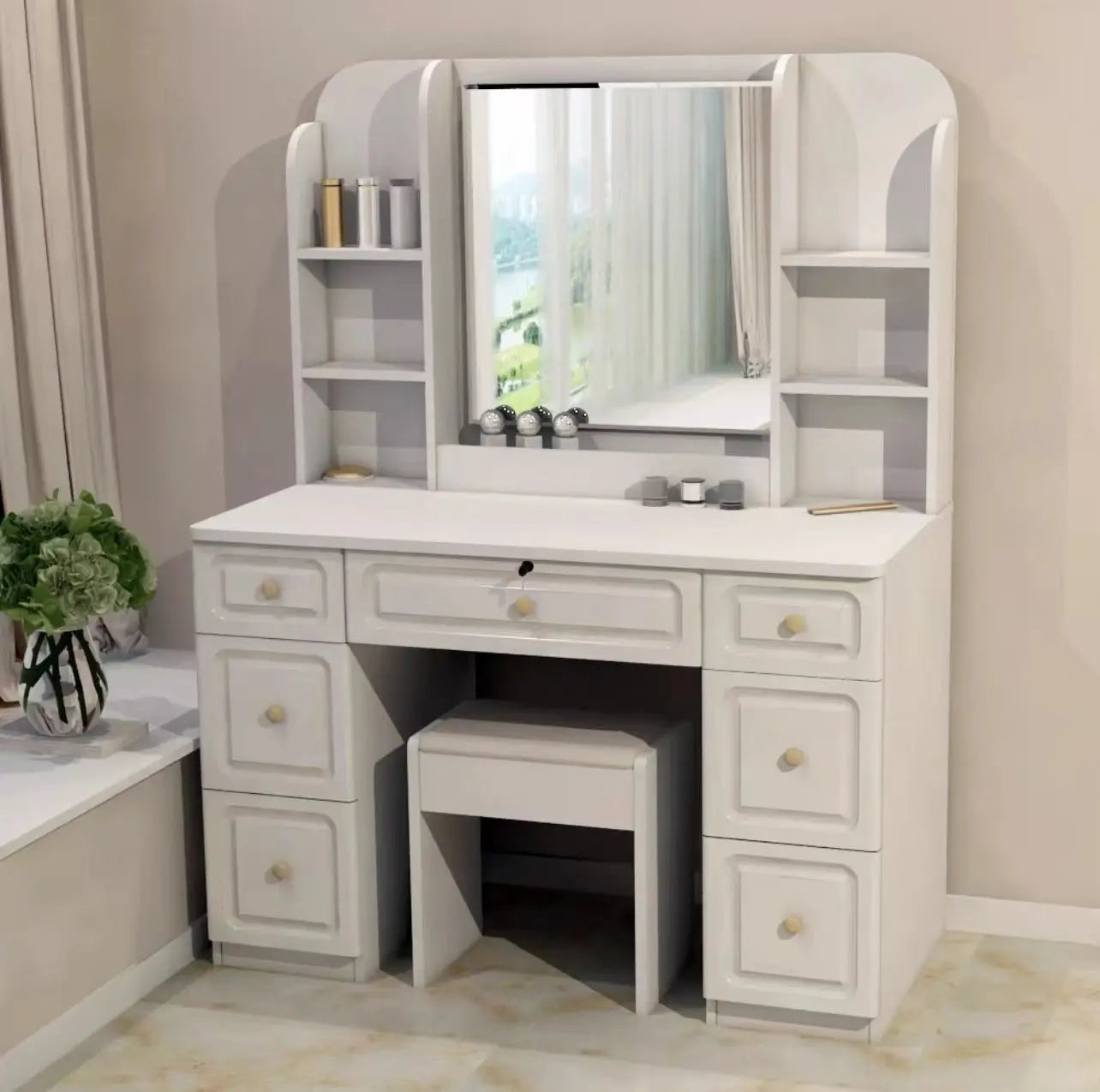 Table Chair Set With Mirror Cabinet Dressing Makeup Table With Drawers everythingbamboo