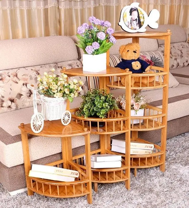 Triangle bamboo flower stand multi-level bamboo shelf organizer corner storage Unbranded