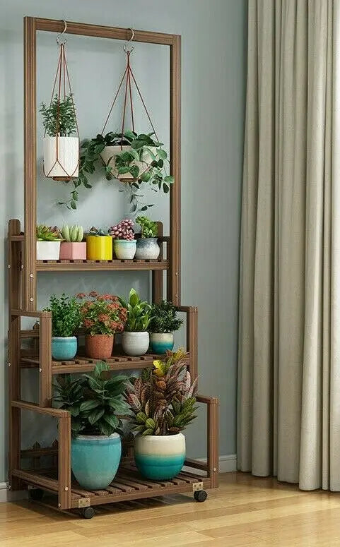 WOODEN SHELF PLANT STAND HANGING MUTI TIERS INDOOR OUTDOOR GARDEN PLANTER everythingbamboo