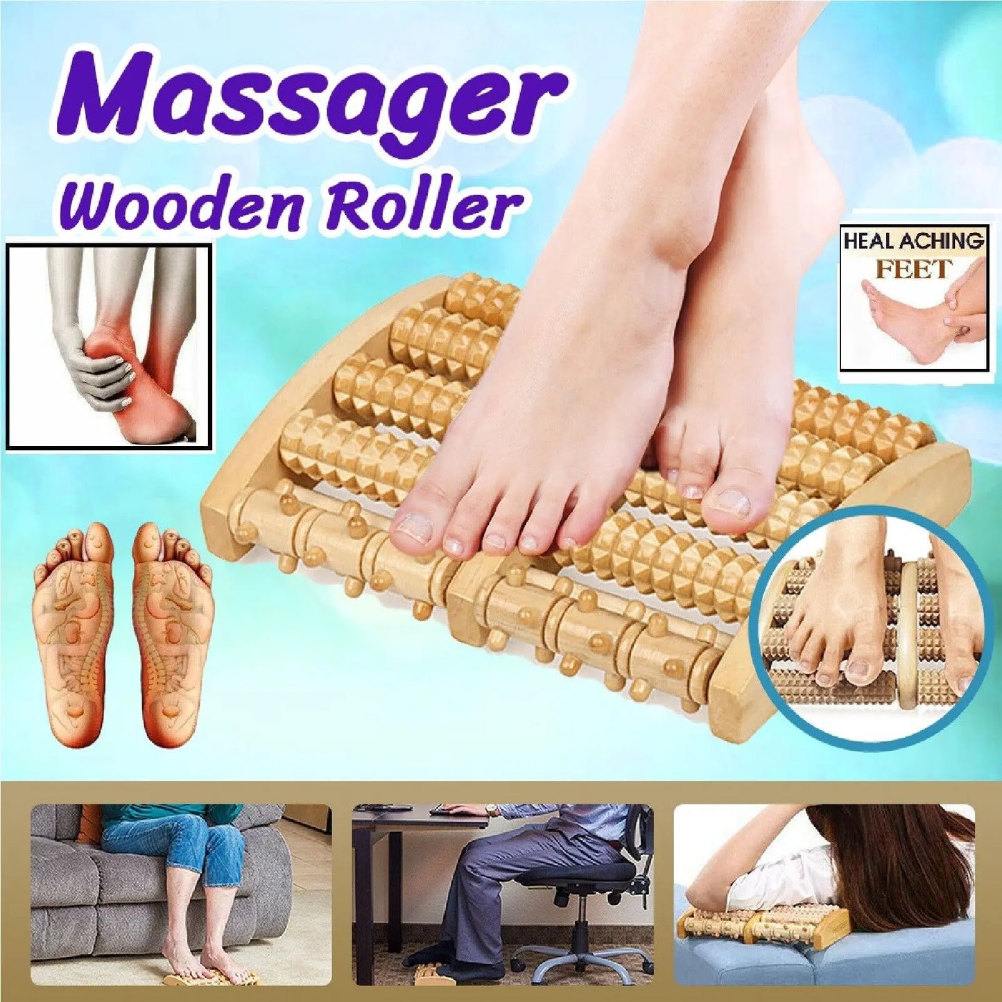 Foot Massage Natural Wooden Multiple Rows Healthy Rest Pain Relief Body Massage BMT03 Unbranded