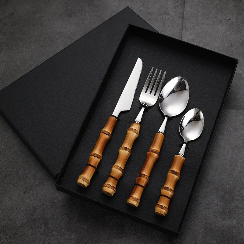 Premium Bamboo Handle Cutlery Fork Knife Spoon Set Dinnerware Utensils Gift BUT01 everythingbamboo