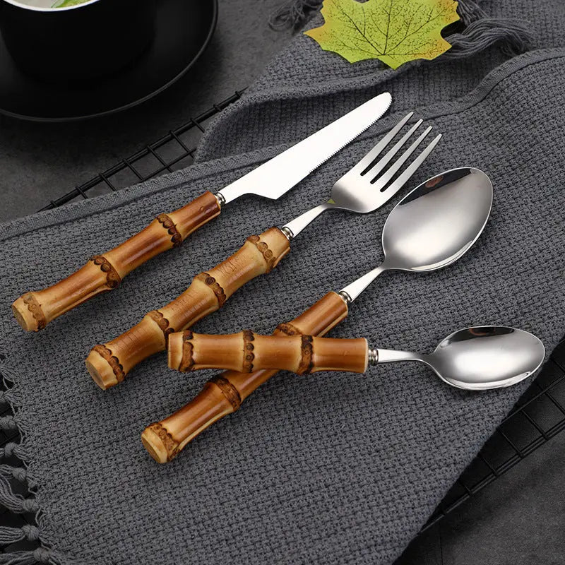 Premium Bamboo Handle Cutlery Fork Knife Spoon Set Dinnerware Utensils Gift BUT01 everythingbamboo