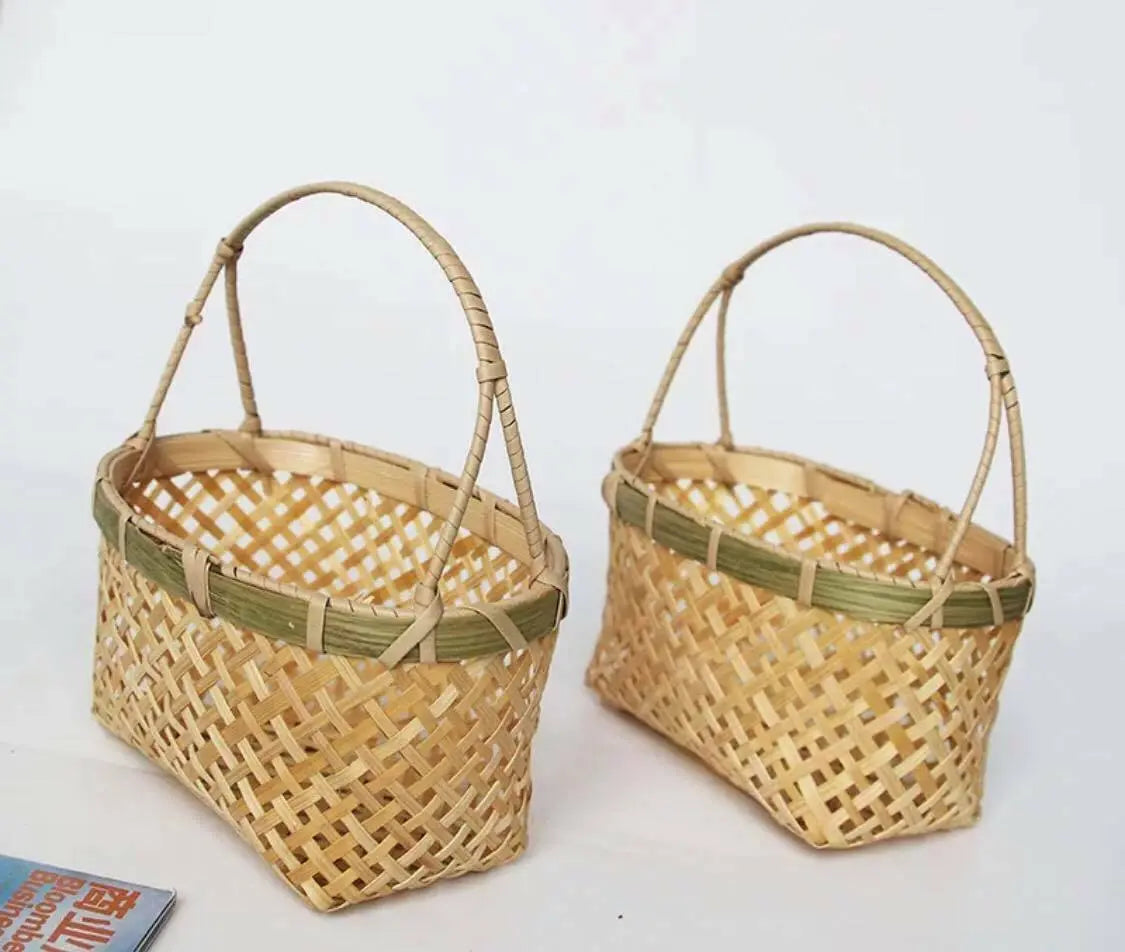 2 x Small Bamboo Basket Handwoven Handmade Carrier Basket With Handle Gift Pack everythingbamboo