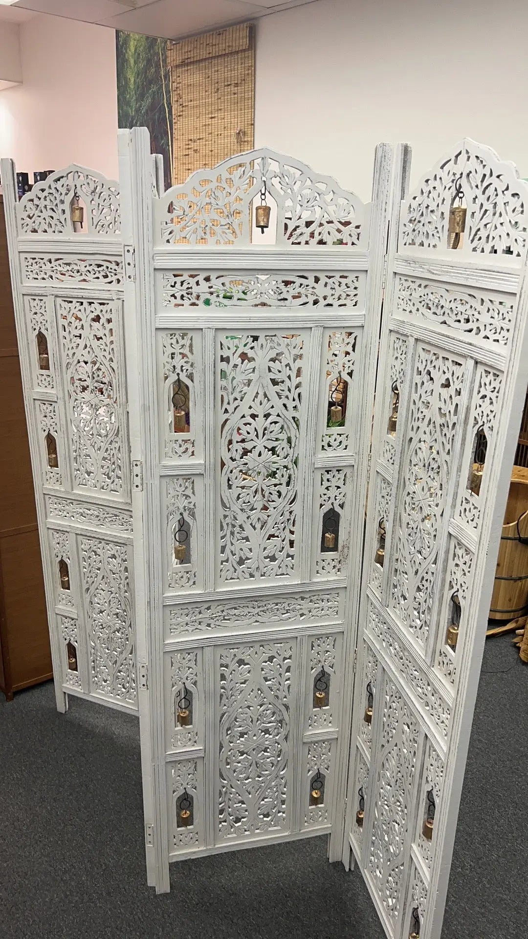 4 Panel Folding Screen Hardwood Hand-Carved With Bells Privacy Screen Room Divider White Washed BRD06 everythingbamboo