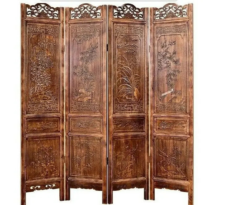 4 Panel Folding Screen Luxury Hardwood Hand-Carved Privacy Screen Room Divider everythingbamboo