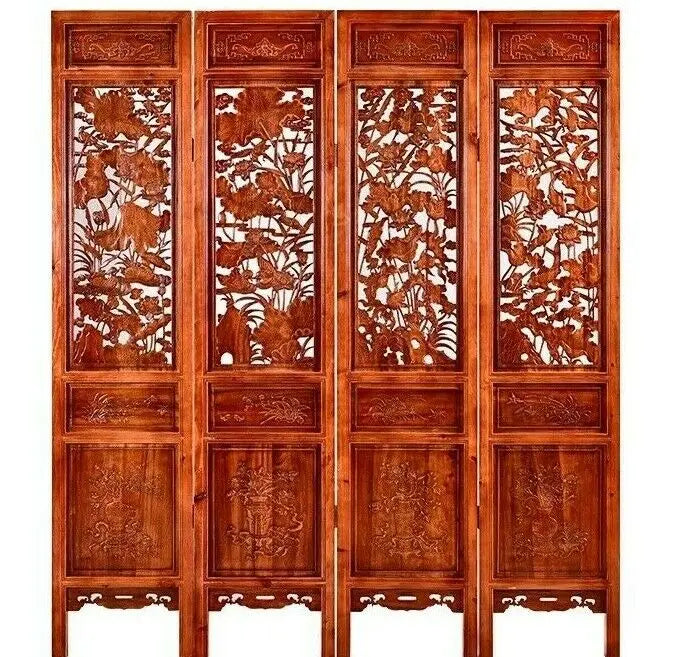 4 Panel Folding Screen Luxury Hardwood Hand-Carved Privacy Screen Room Divider everythingbamboo