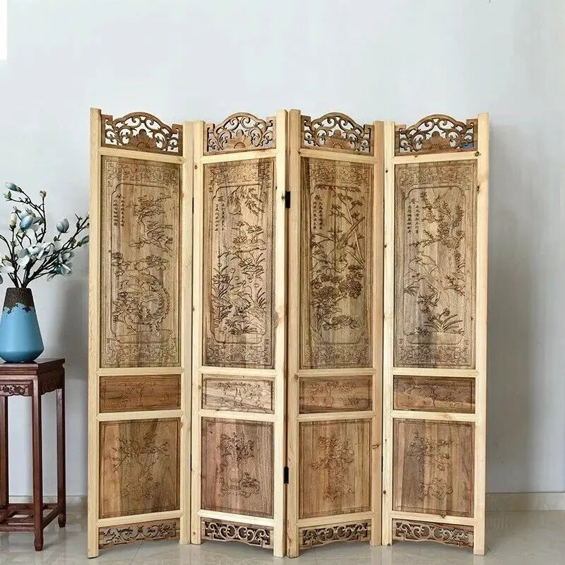 4 Panel Folding Screen Luxury Hardwood Hand-Carved Privacy Screen Room Divider everythingbamboo