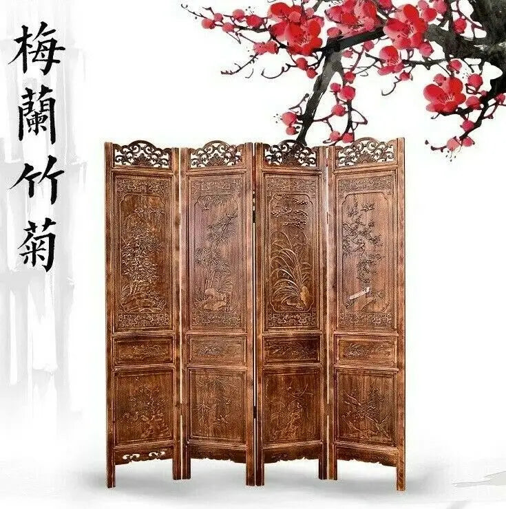 4 Panel Folding Screen Luxury Hardwood Hand-Carved Privacy Screen Room Divider everythingbamboo